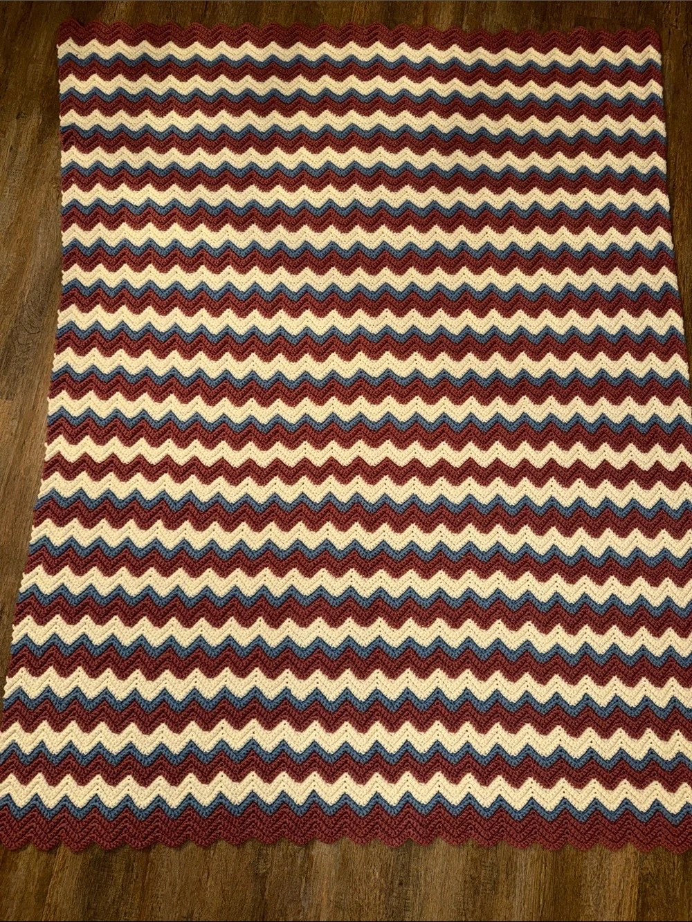 Handmade Chevron Crochet Throw - Cream, Dusty Blue & Burgundy